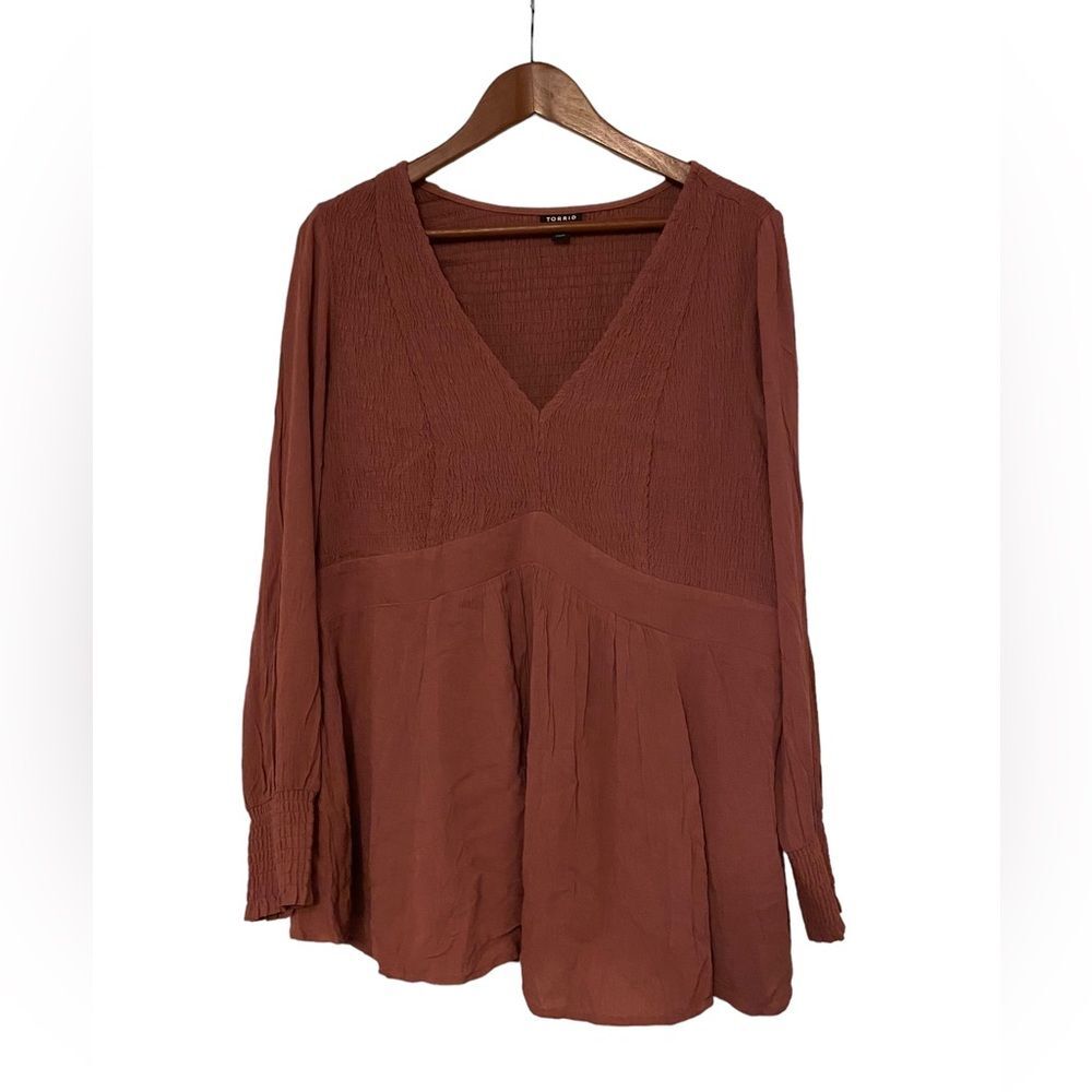 TORRID Women’s Size 1 Long Sleeve V-Neck Smocked Dusty Red Boho Blouse